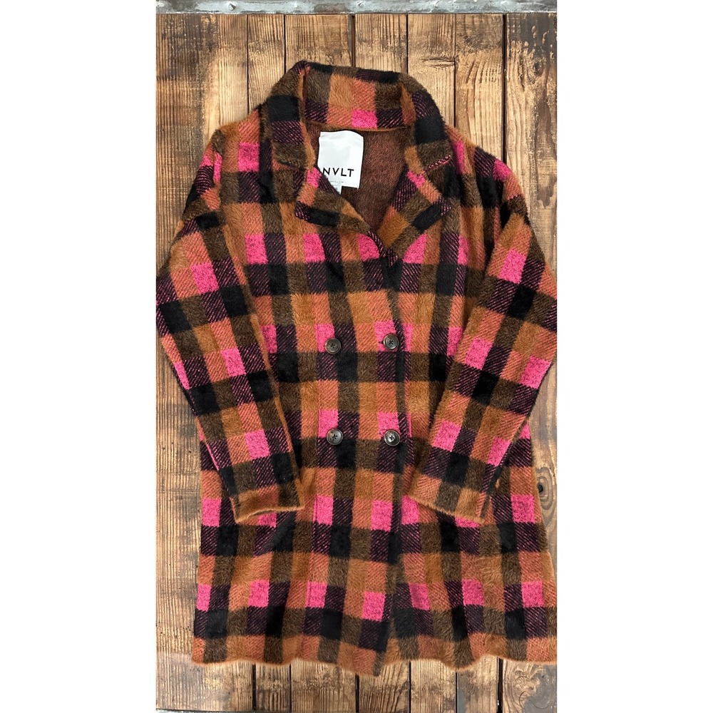 NVLT Womens Pink Brown‎ Plaid Fuzzy Knit Double Breasted Car Coat Jacket L